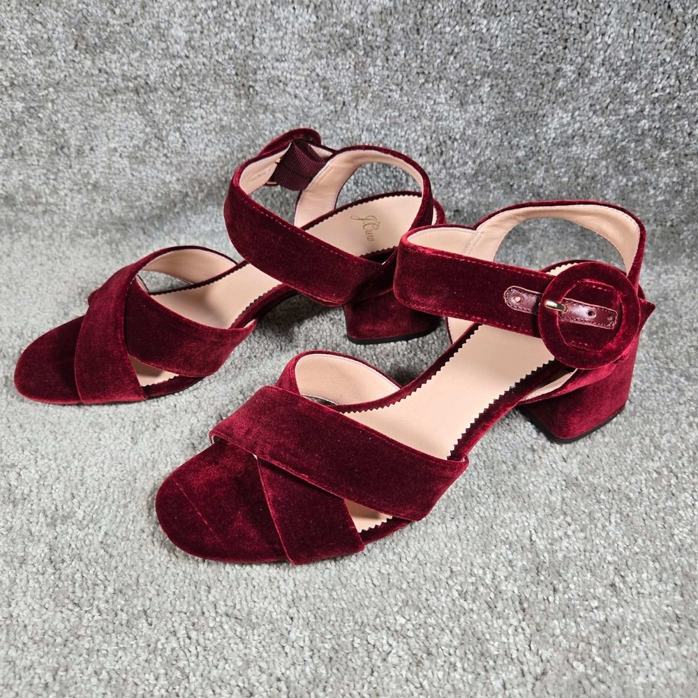 J.Crew Penny Sandal Red Velvet Block Heel Ankle Strap Womens 9
